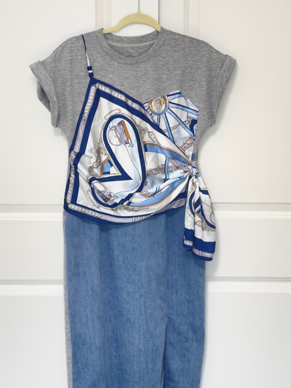 Casual One-Shoulder Grey & Blue Mixed-Media Dress